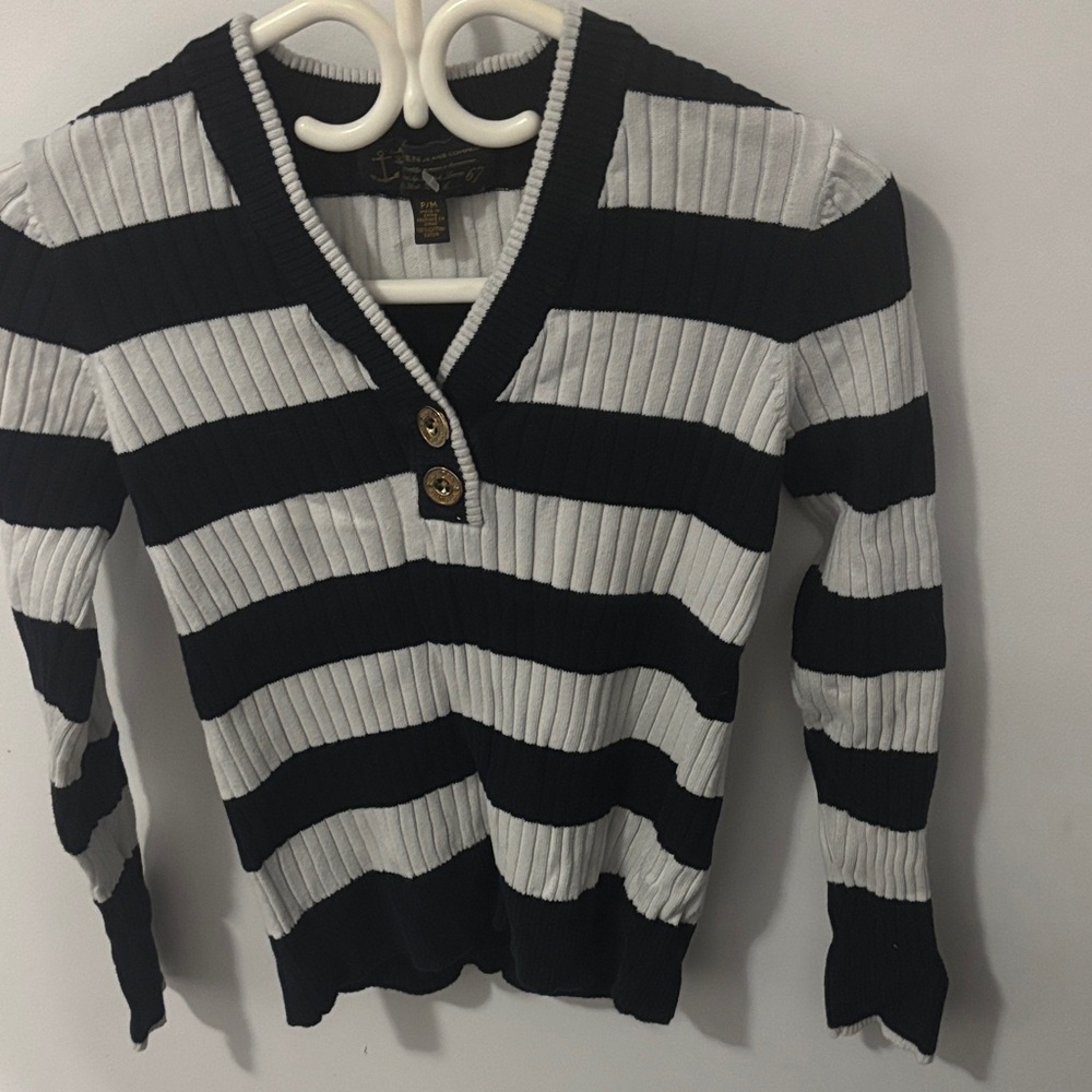 Ralph Lauren Black and White Striped V-Neck Sweater